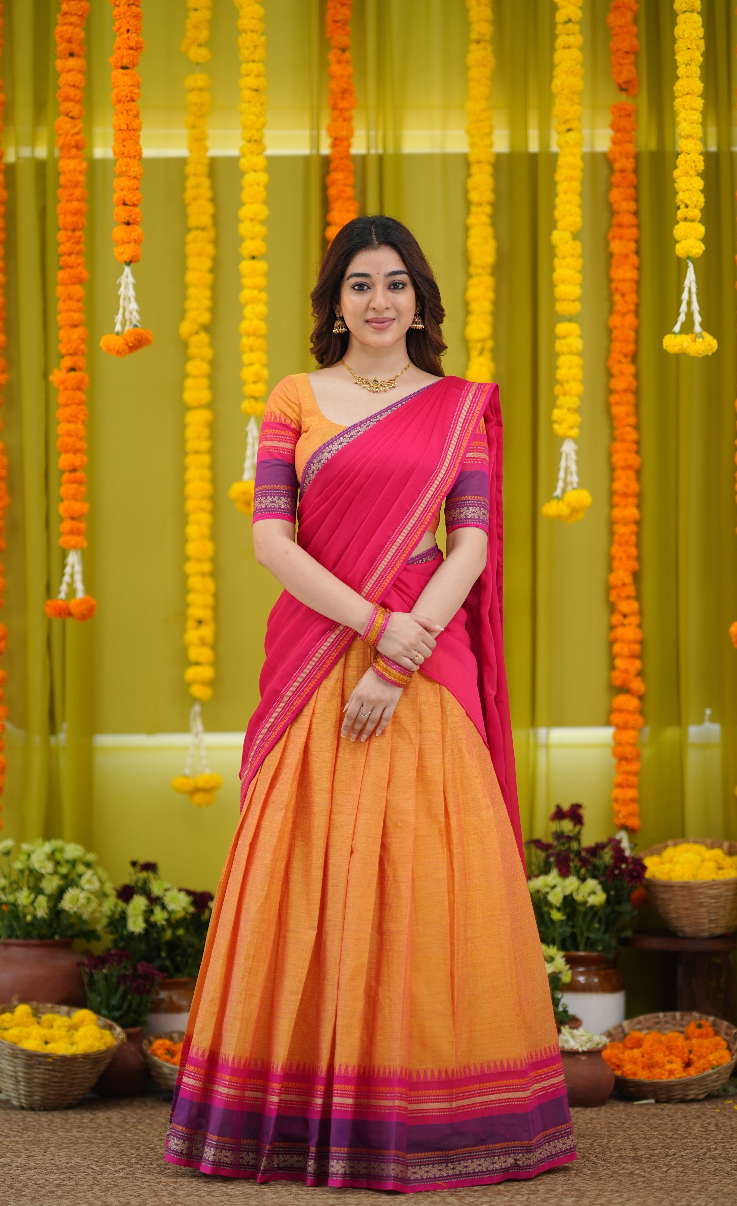 Padmaja Cotton Half Saree - Two-tone Orange and Pink