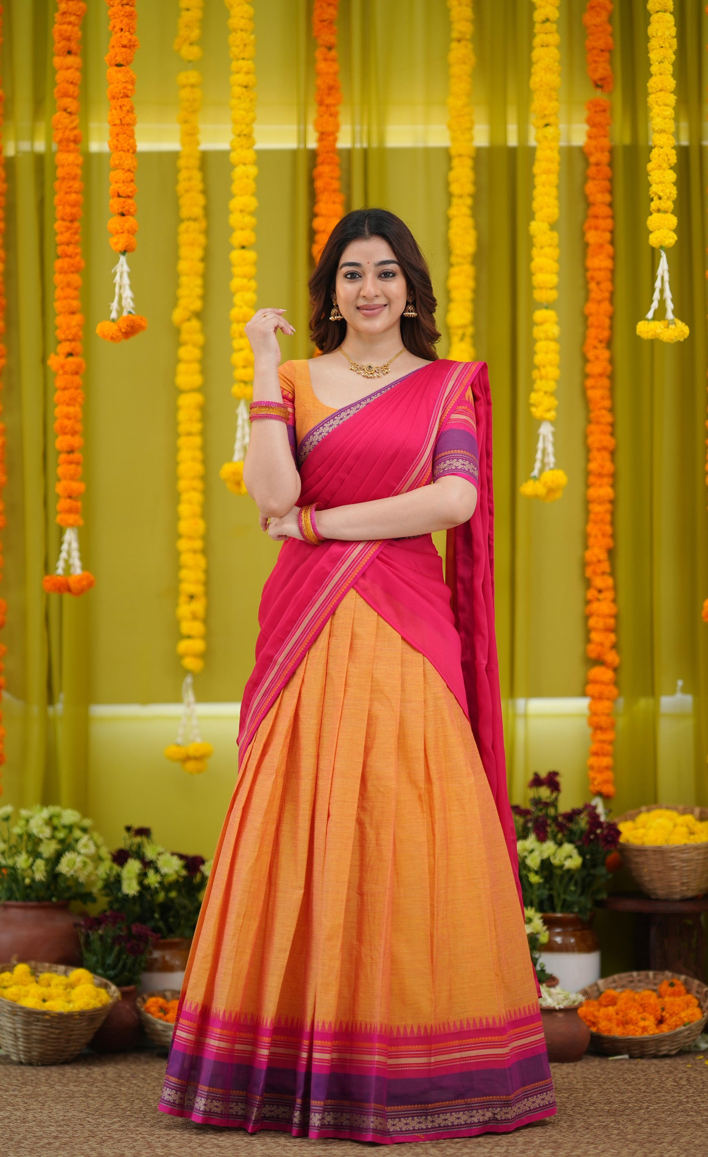 Padmaja Cotton Half Saree - Two-tone Orange and Pink
