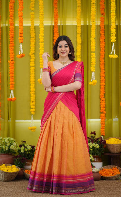 Padmaja Cotton Half Saree - Two-tone Orange and Pink