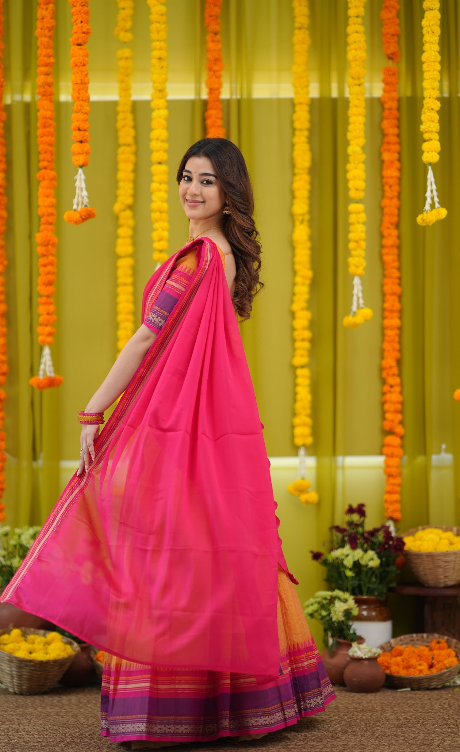 Padmaja Cotton Half Saree - Two-tone Orange and Pink