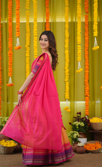 Padmaja Cotton Half Saree - Two-tone Orange and Pink