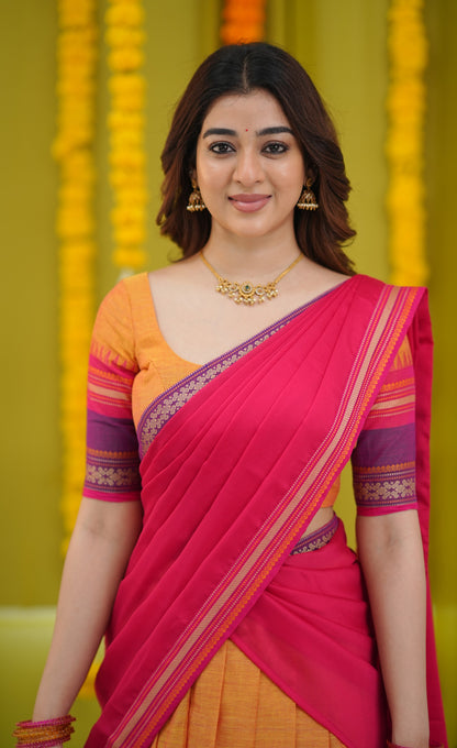Padmaja Cotton Half Saree - Two-tone Orange and Pink