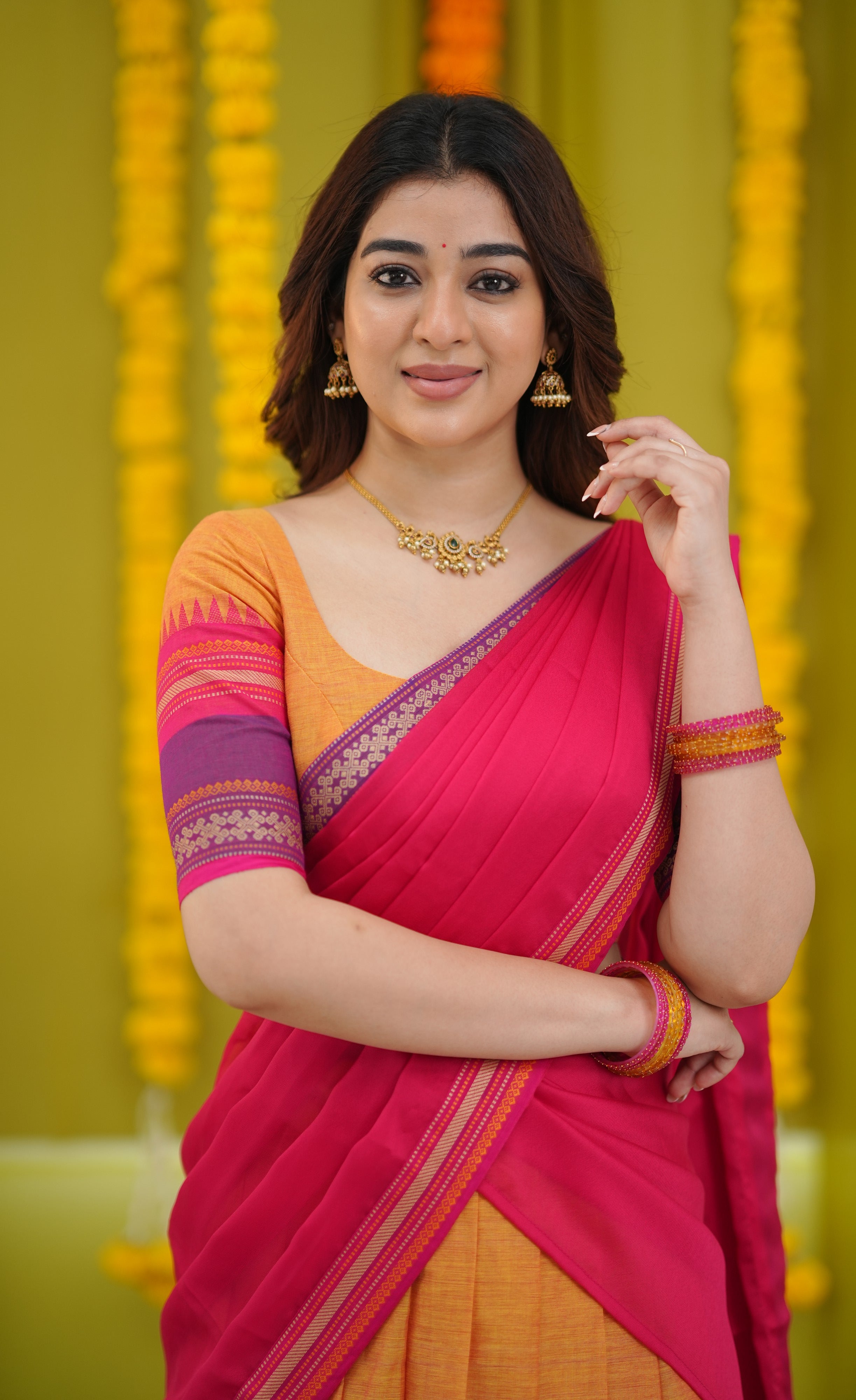 Padmaja Cotton Half Saree - Two-tone Orange and Pink