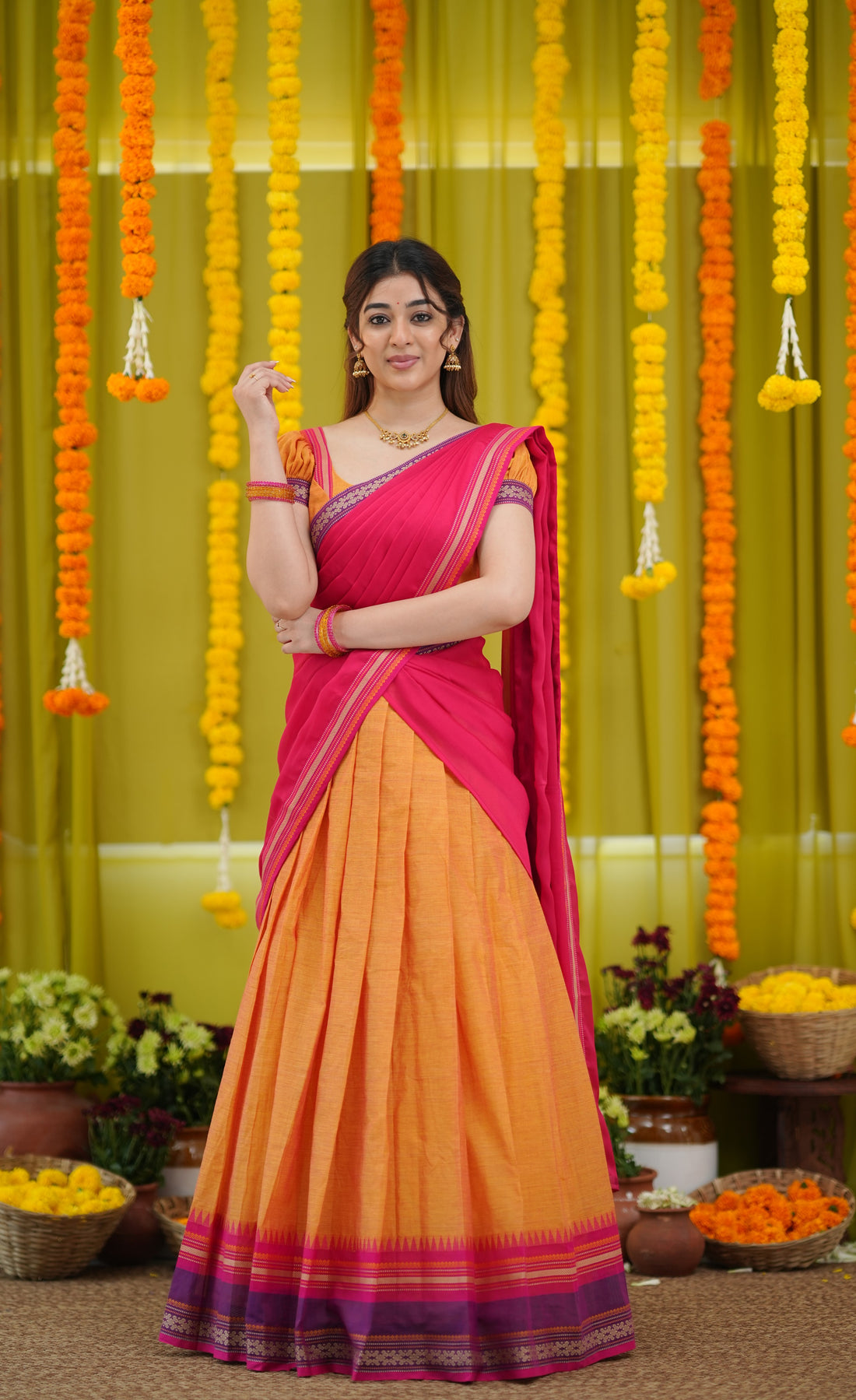 Padmaja Cotton Half Saree - Two-tone Orange and Pink