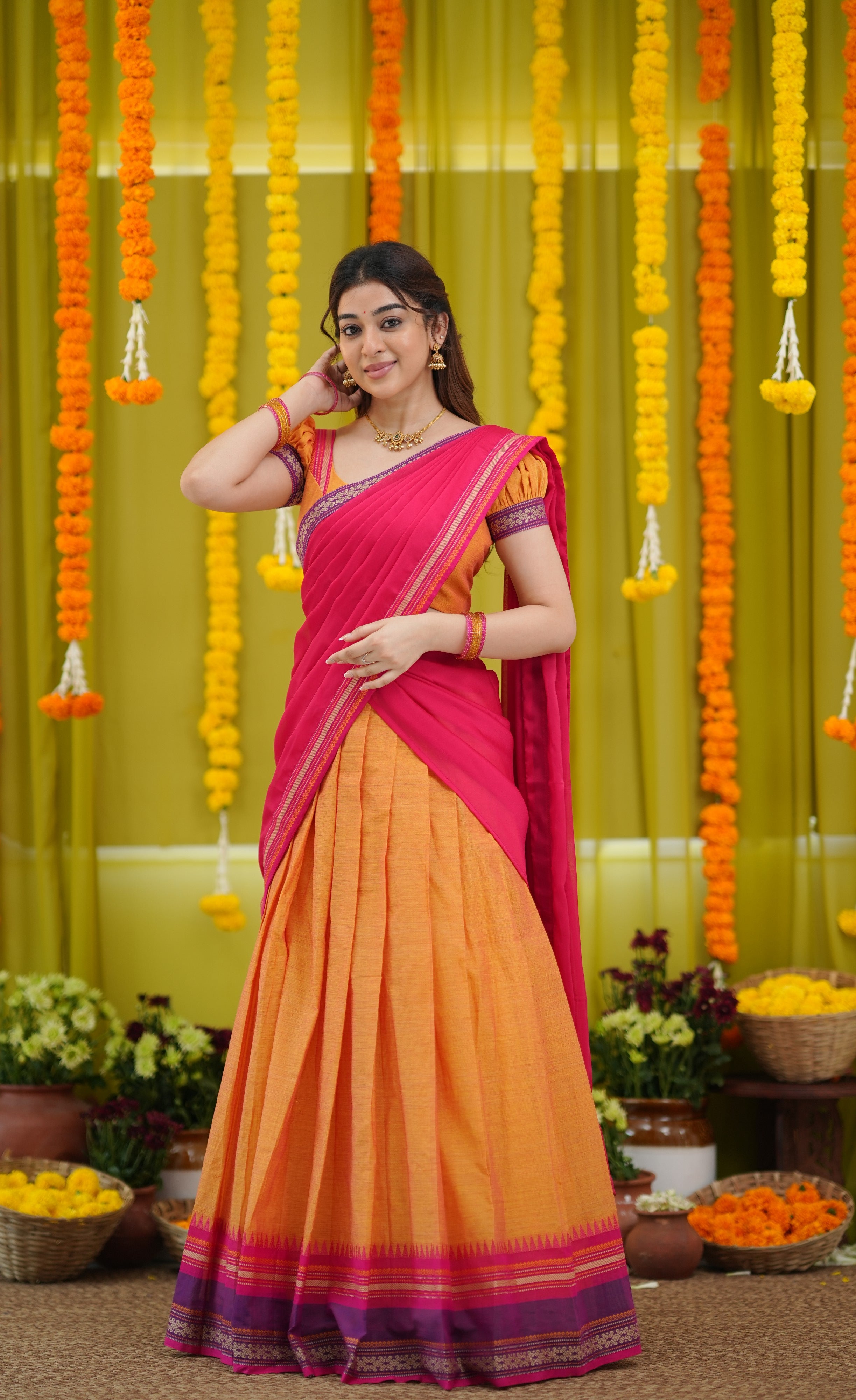 Padmaja Cotton Half Saree - Two-tone Orange and Pink