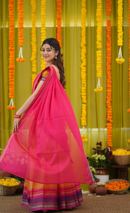 Padmaja Cotton Half Saree - Two-tone Orange and Pink