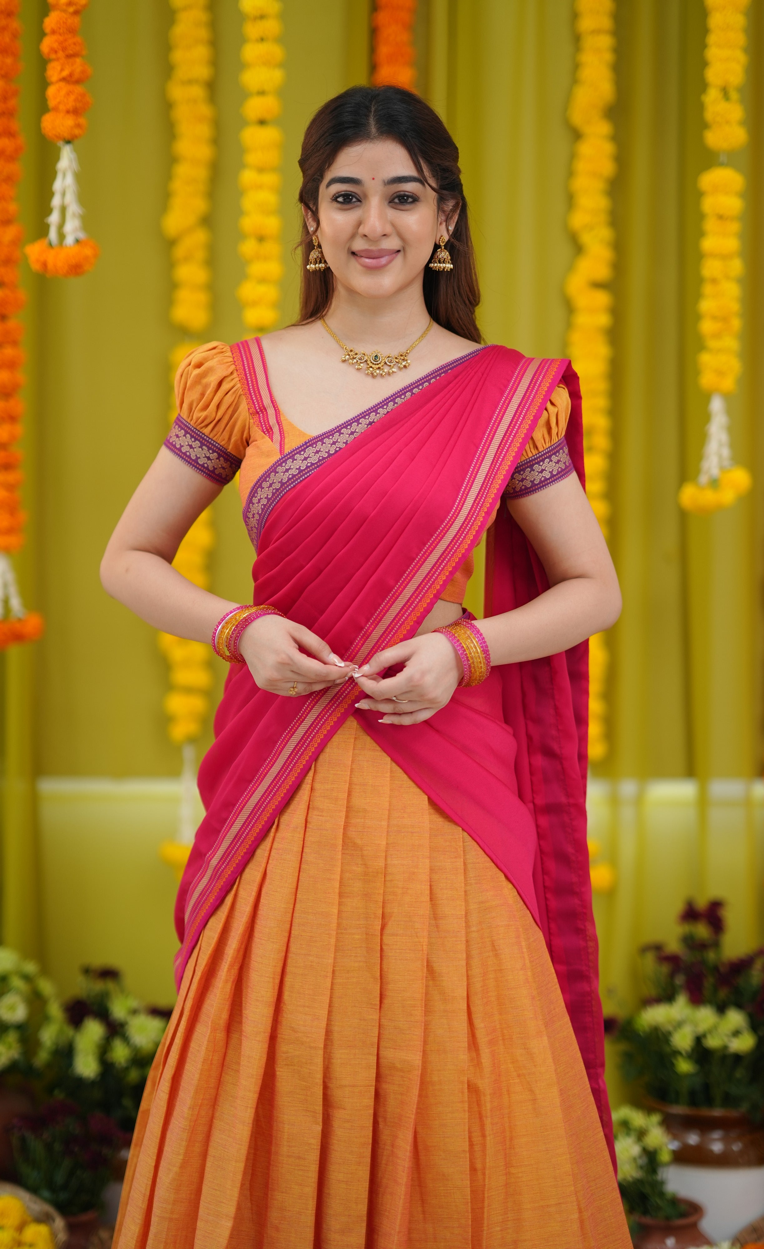 Padmaja Cotton Half Saree - Two-tone Orange and Pink