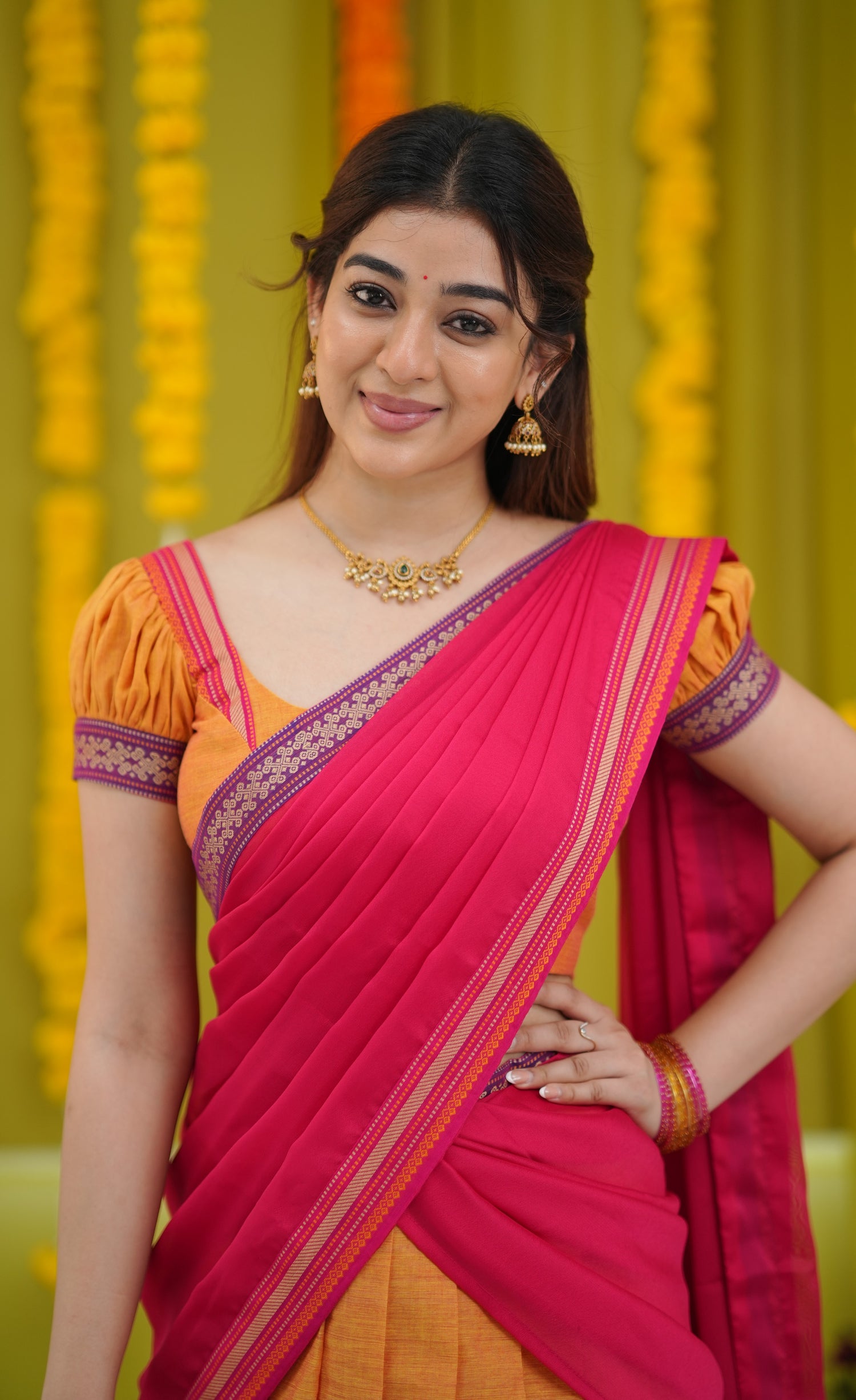 Padmaja Cotton Half Saree - Two-tone Orange and Pink