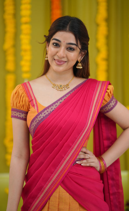 Padmaja Cotton Half Saree - Two-tone Orange and Pink