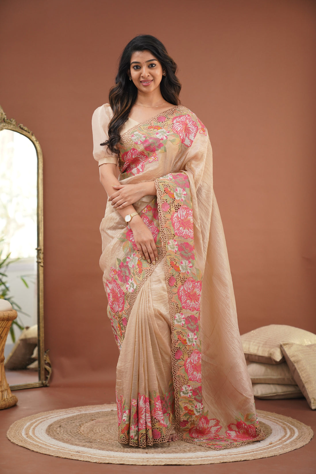 Nakshatra Crushed Tissue Saree - Beige