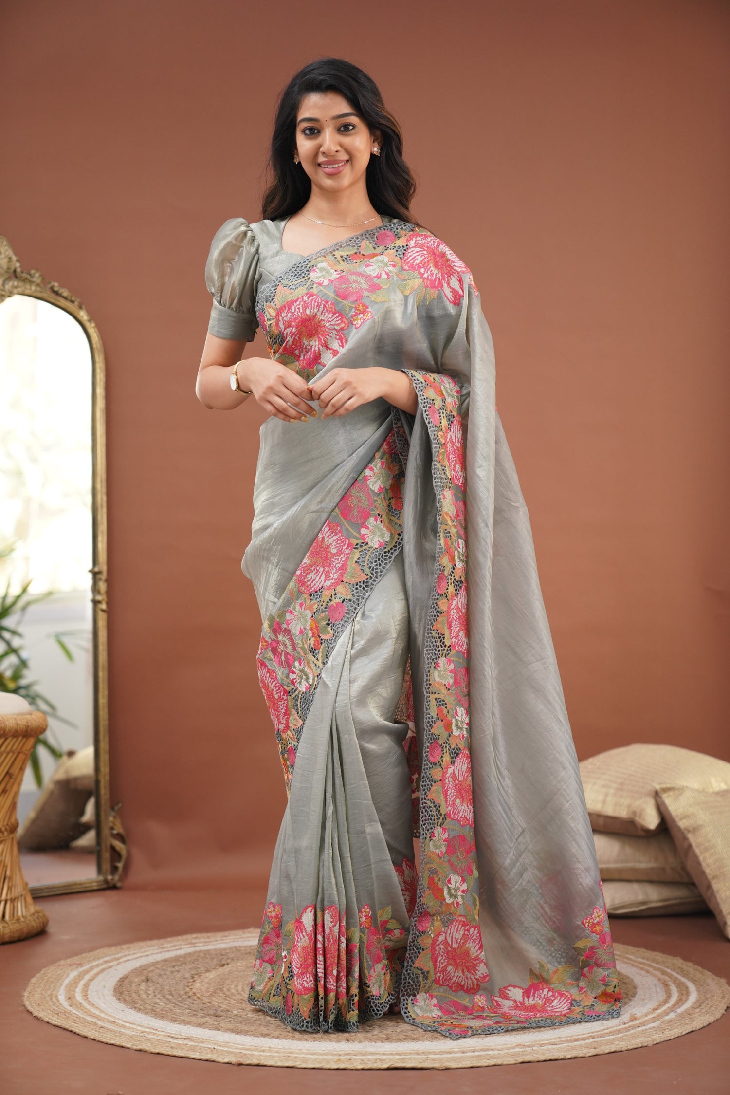 Nakshatra Crushed Tissue Saree - Grey