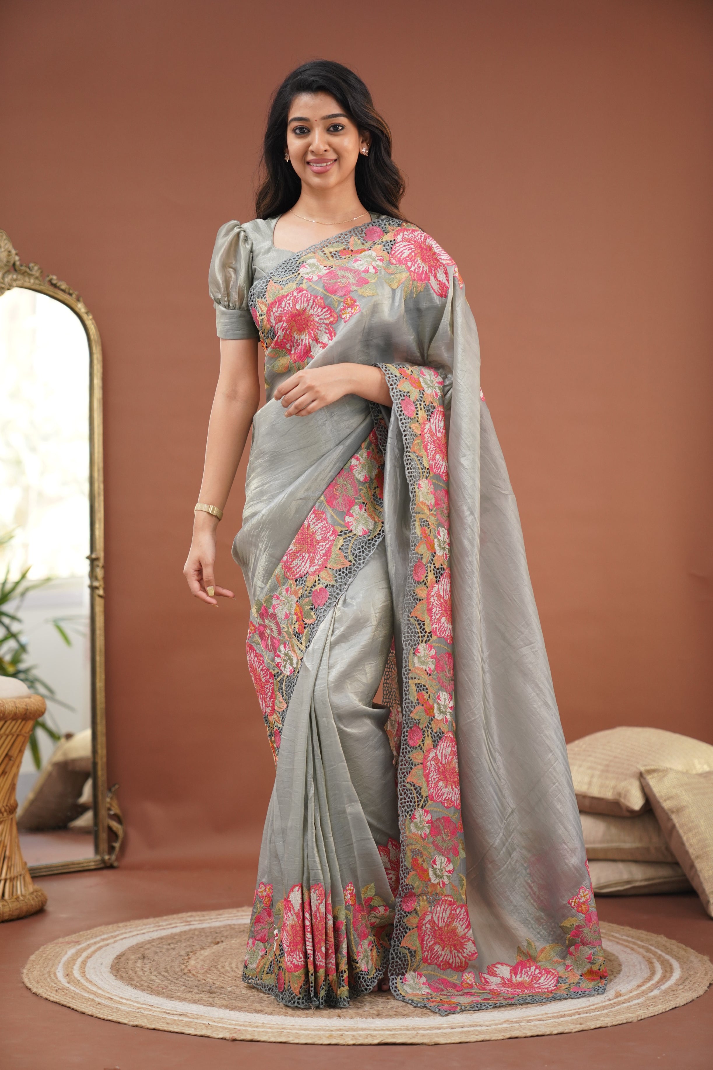 Nakshatra Crushed Tissue Saree - Grey