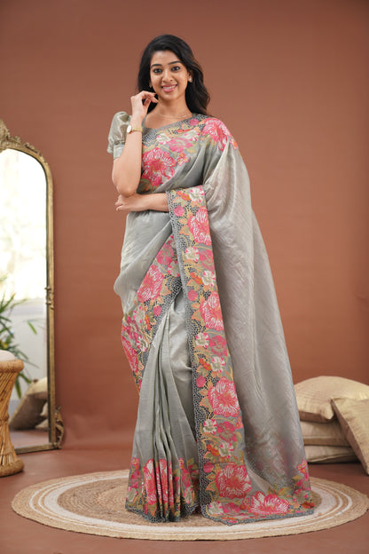 Nakshatra Crushed Tissue Saree - Grey