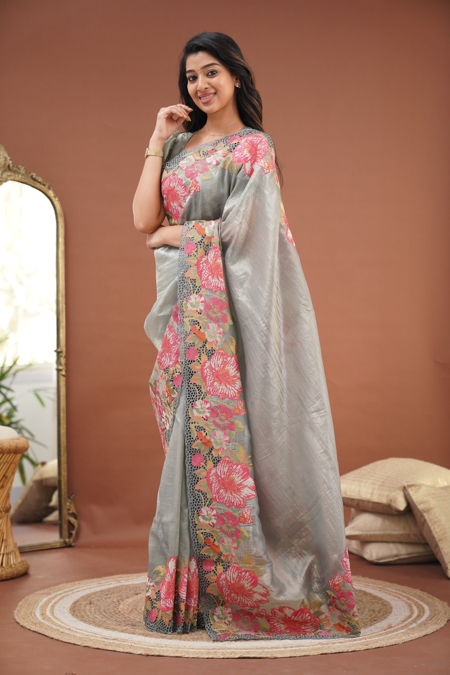 Nakshatra Crushed Tissue Saree - Grey