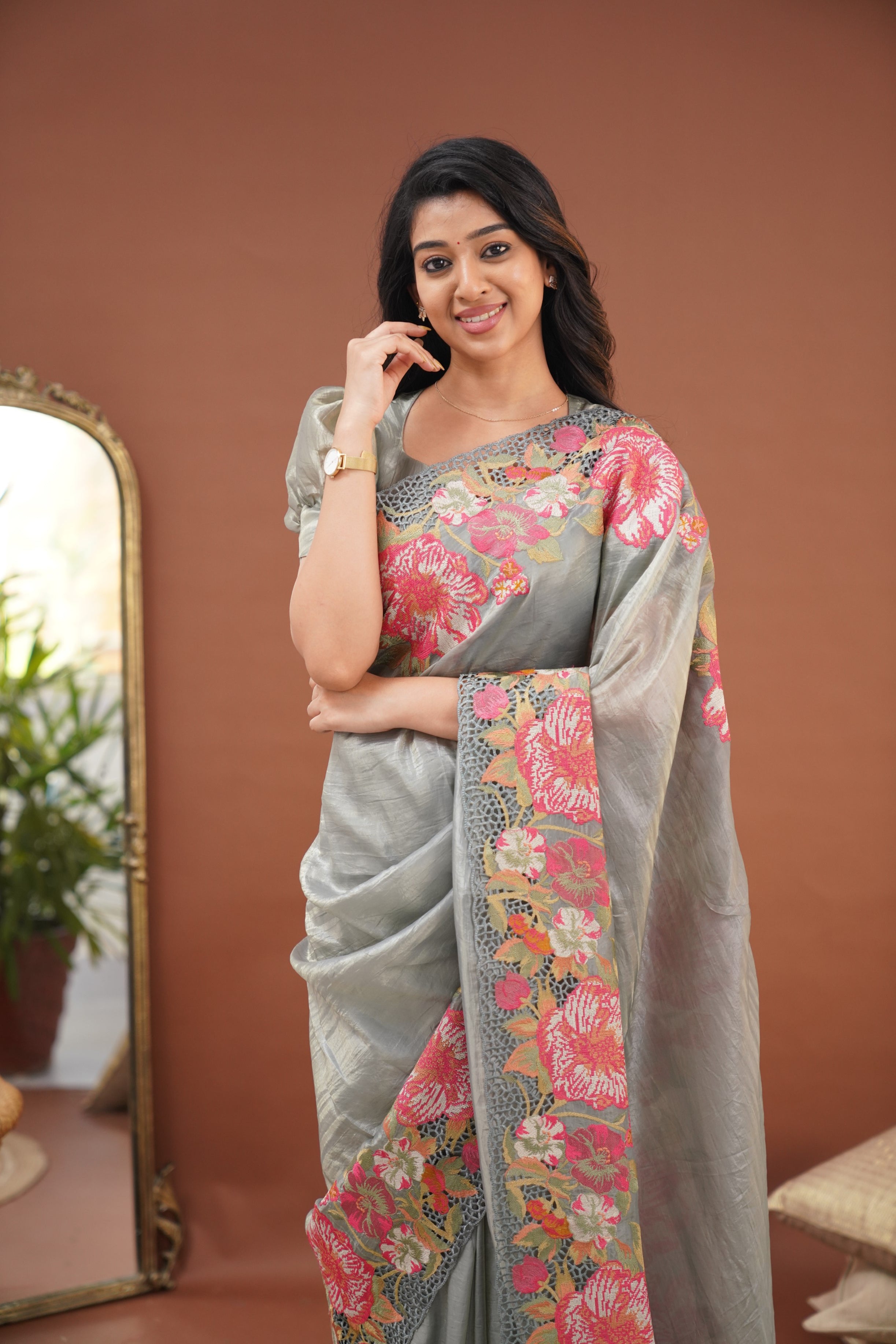 Nakshatra Crushed Tissue Saree - Grey