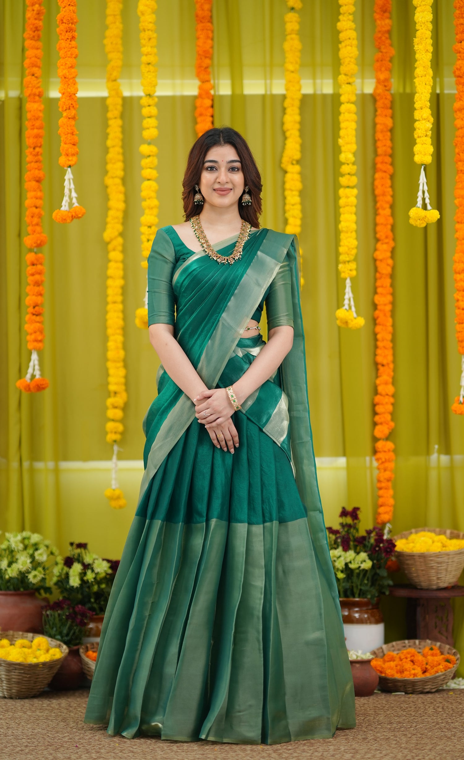 Vedika - Bottle Green and Gold Scape Silk Halfsaree