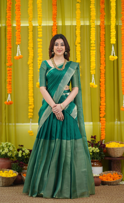 Vedika - Bottle Green and Gold Scape Silk Halfsaree