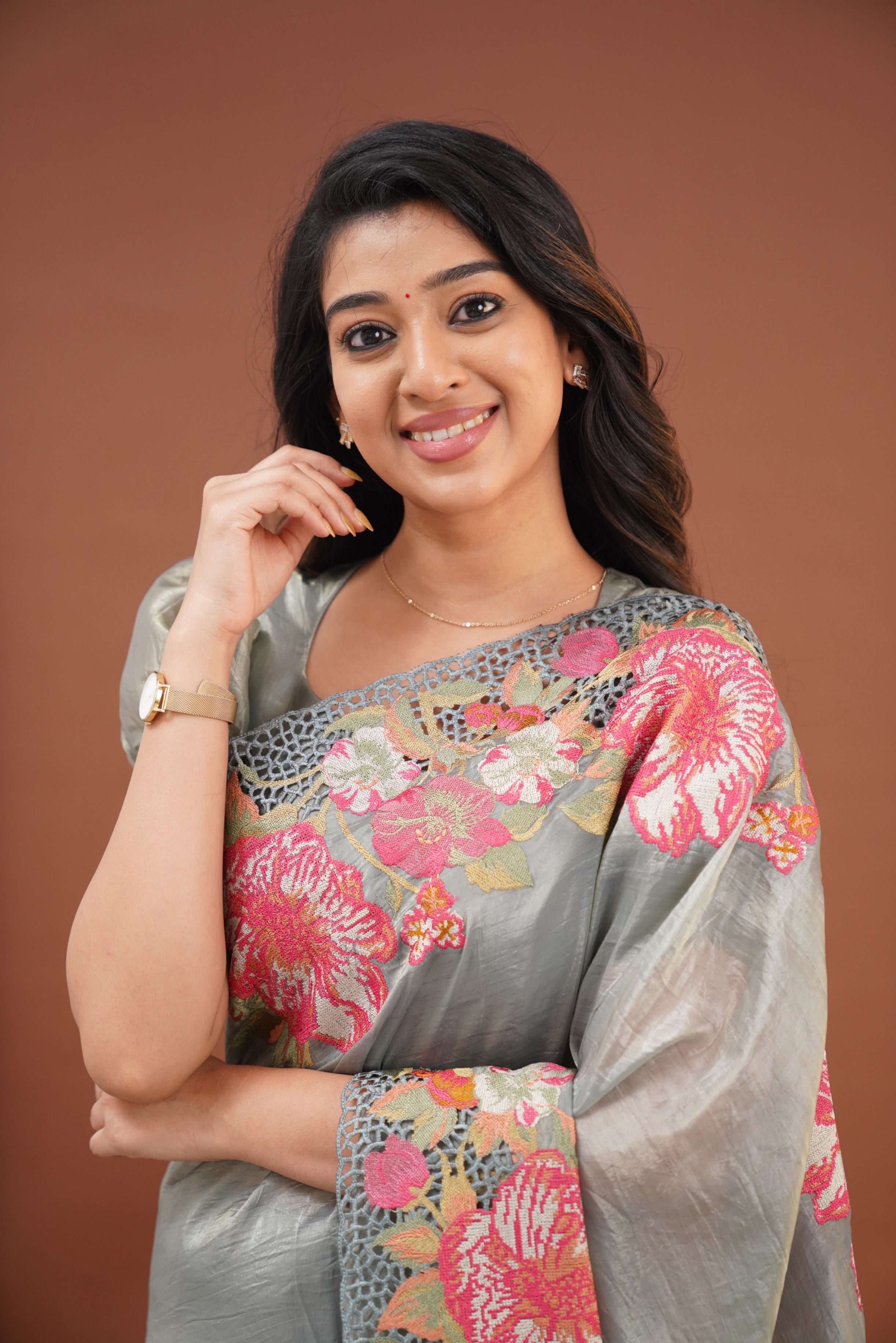 Nakshatra Crushed Tissue Saree - Grey