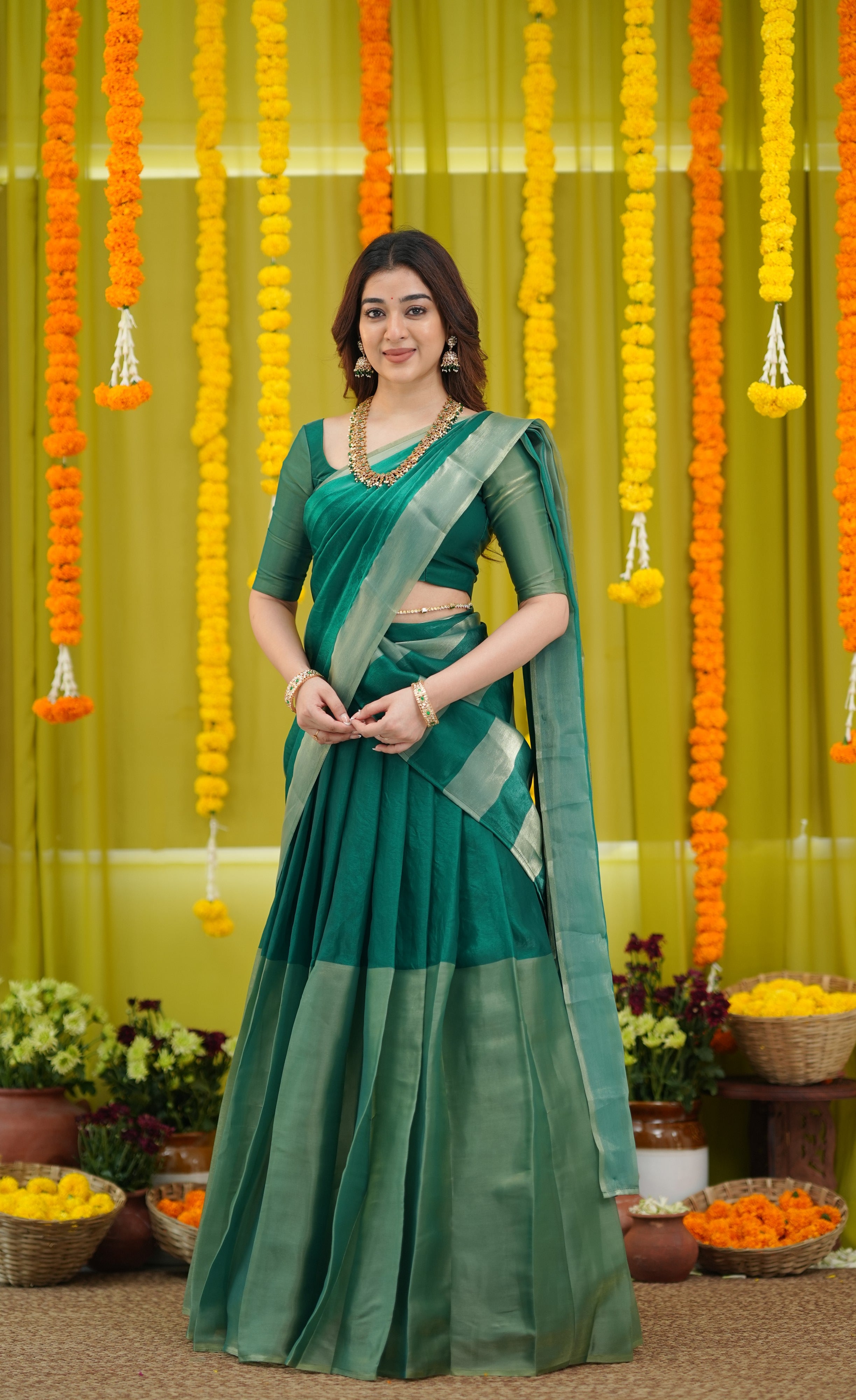 Vedika - Bottle Green and Gold Scape Silk Halfsaree
