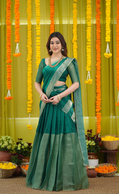 Vedika - Bottle Green and Gold Scape Silk Halfsaree