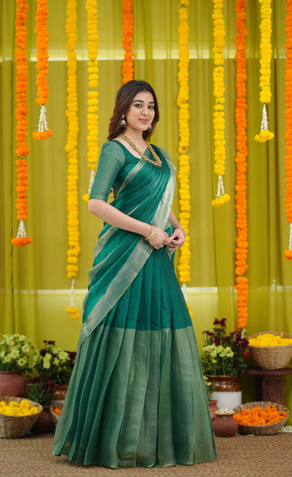 Vedika - Bottle Green and Gold Scape Silk Halfsaree
