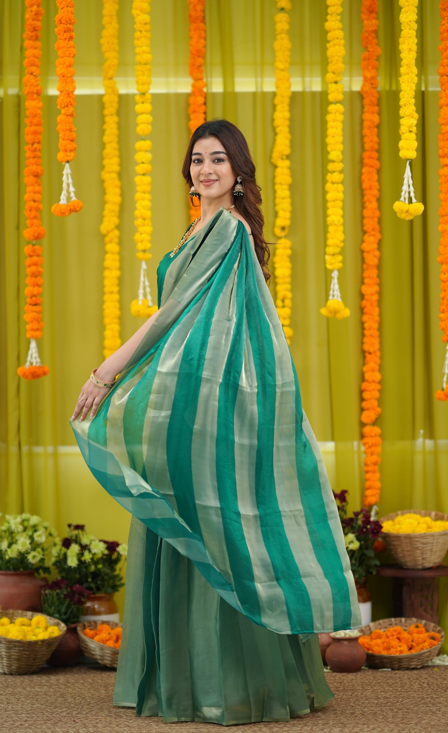 Vedika - Bottle Green and Gold Scape Silk Halfsaree