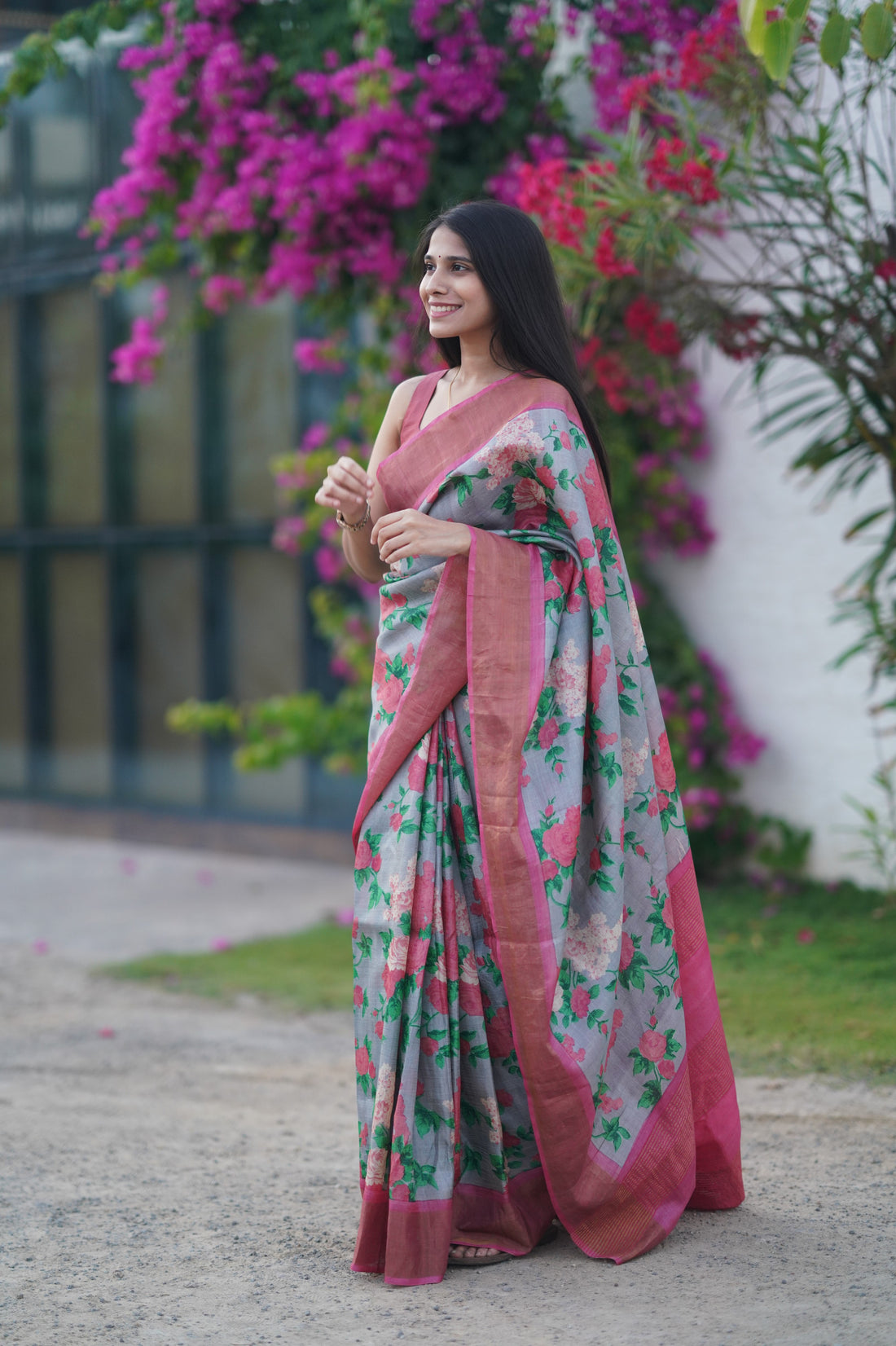 Tarika Pure Tussar Saree - Ash and Pink