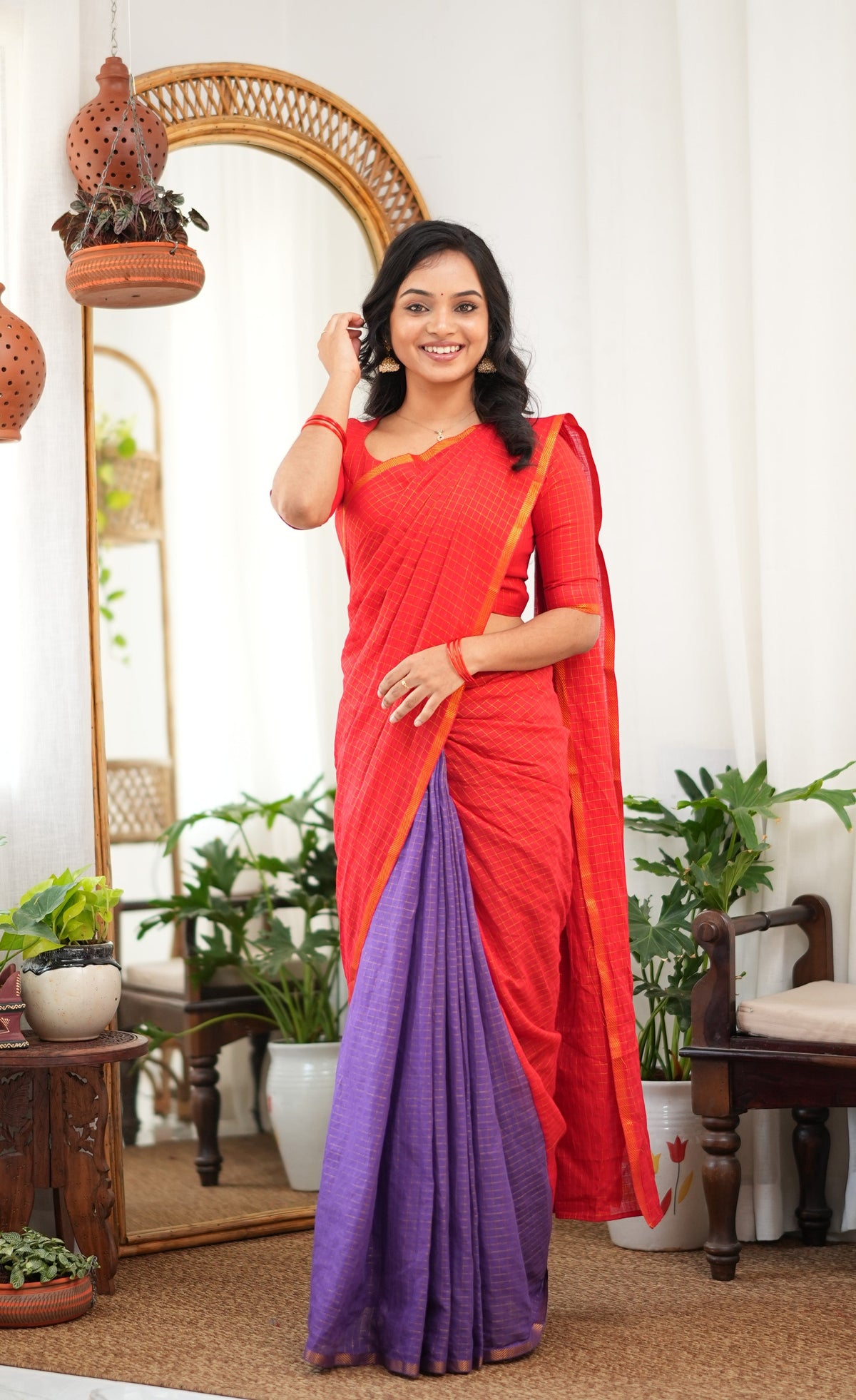 Saaral Purple with Red Half &amp; Half Sungudi Saree