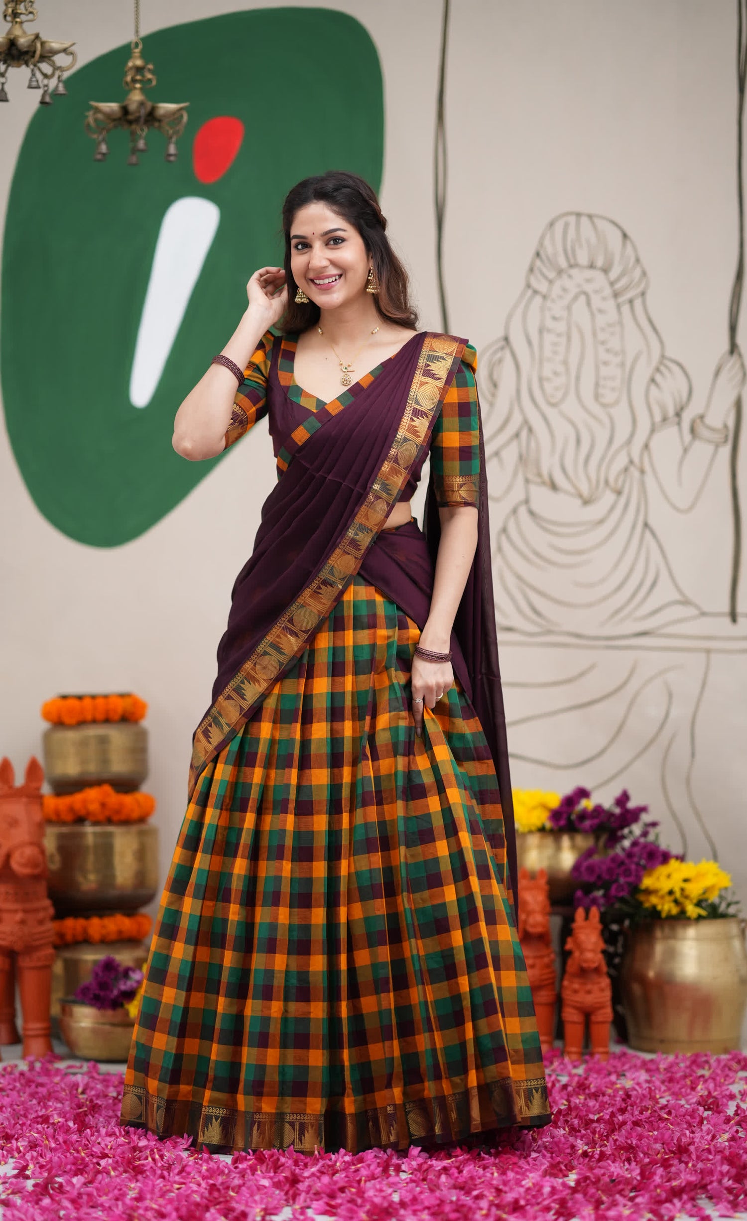 Padmaja Mustard and Deep Plum Kandangi Checks Cotton Halfsaree