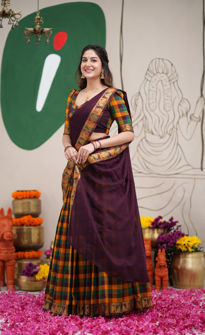 Padmaja Mustard and Deep Plum Kandangi Checks Cotton Halfsaree