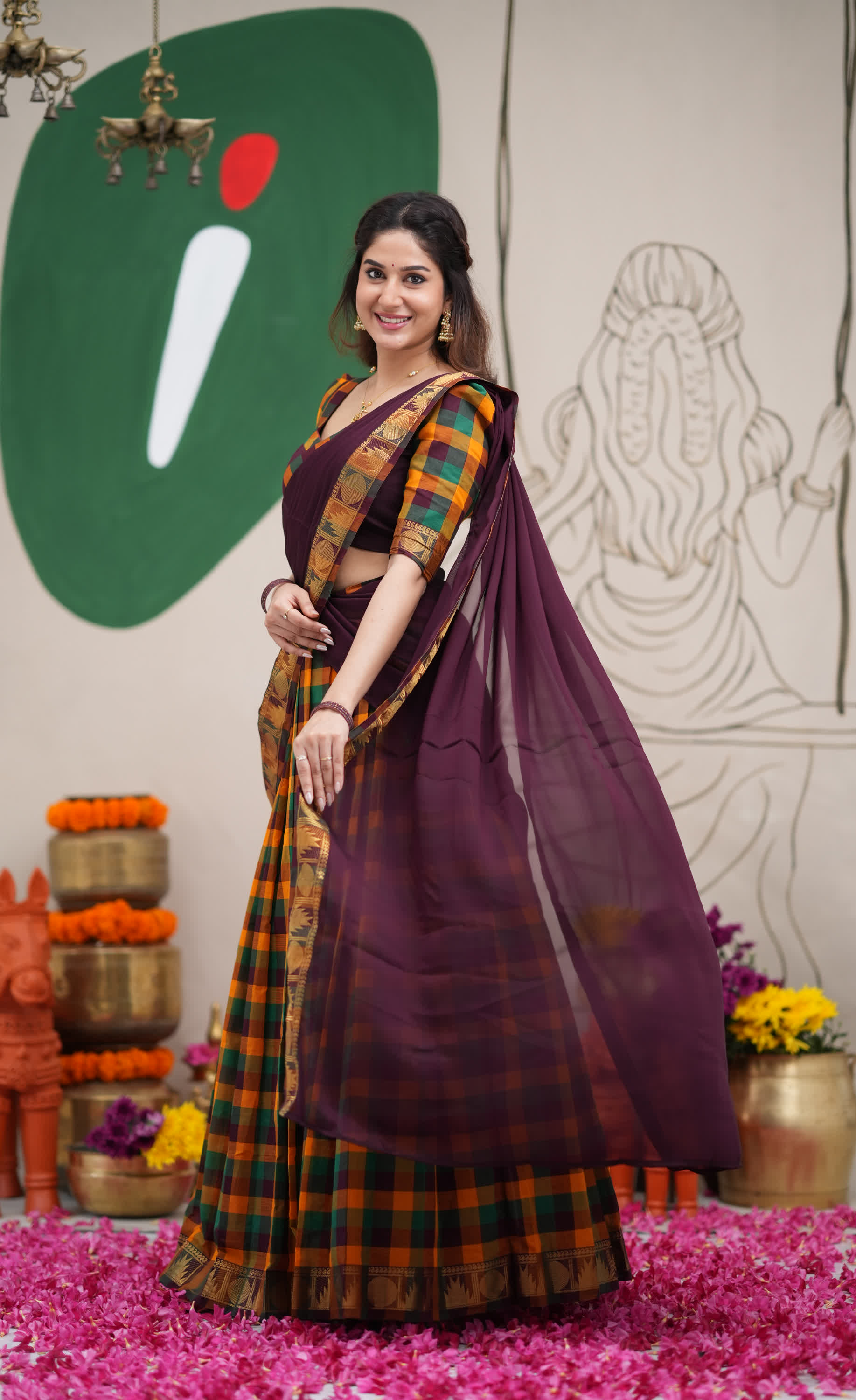Padmaja Mustard and Deep Plum Kandangi Checks Cotton Halfsaree