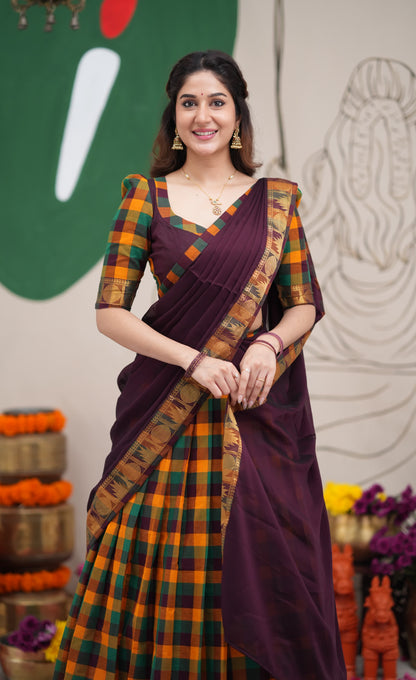 Padmaja Mustard and Deep Plum Kandangi Checks Cotton Halfsaree