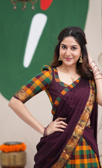 Padmaja Mustard and Deep Plum Kandangi Checks Cotton Halfsaree