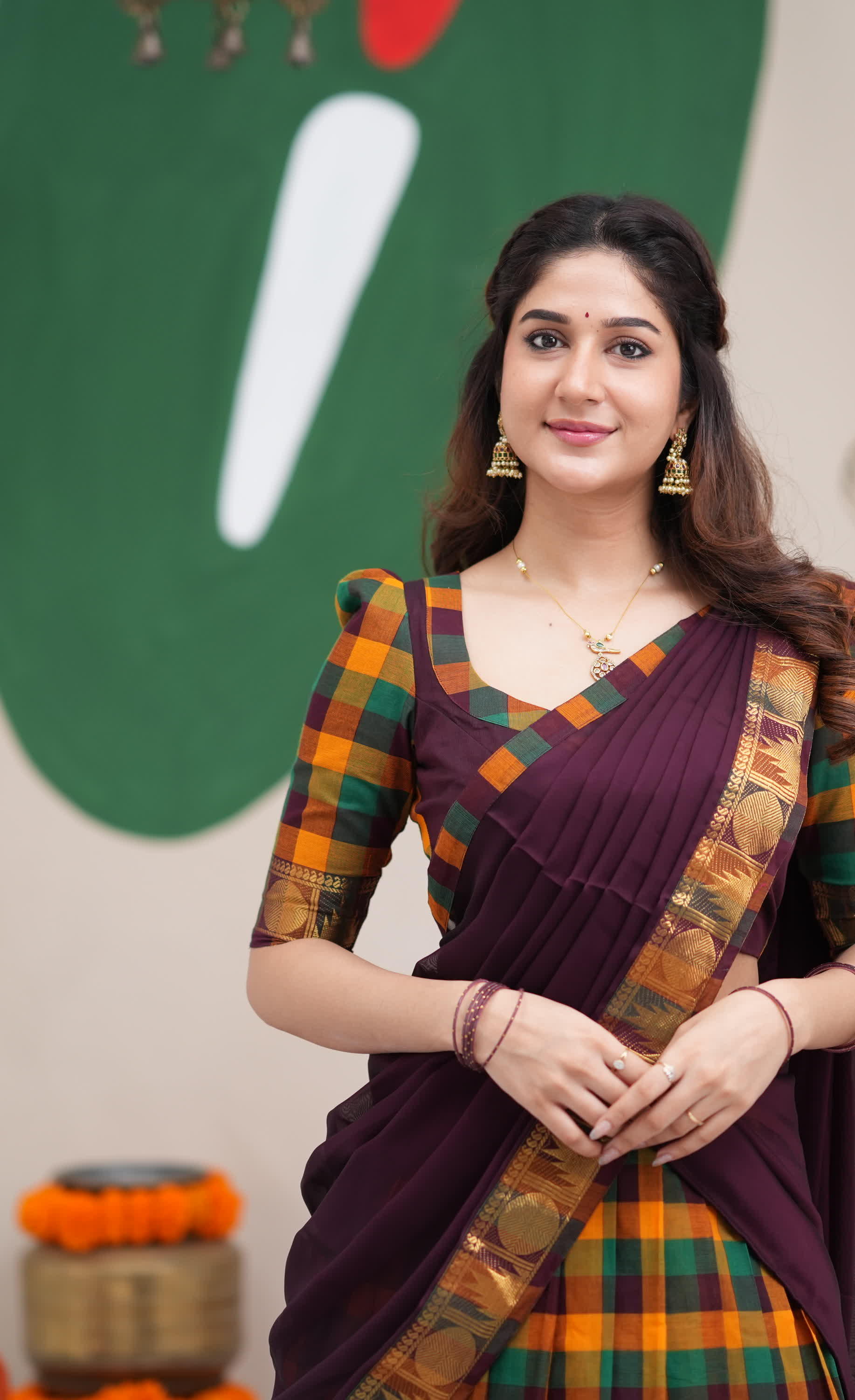 Padmaja Mustard and Deep Plum Kandangi Checks Cotton Halfsaree