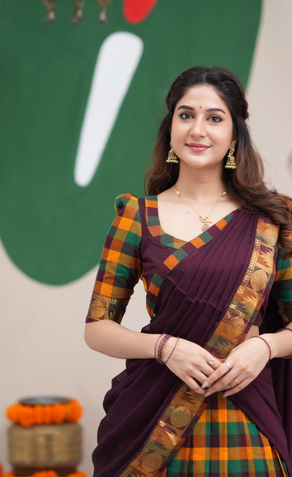 Padmaja Mustard and Deep Plum Kandangi Checks Cotton Halfsaree