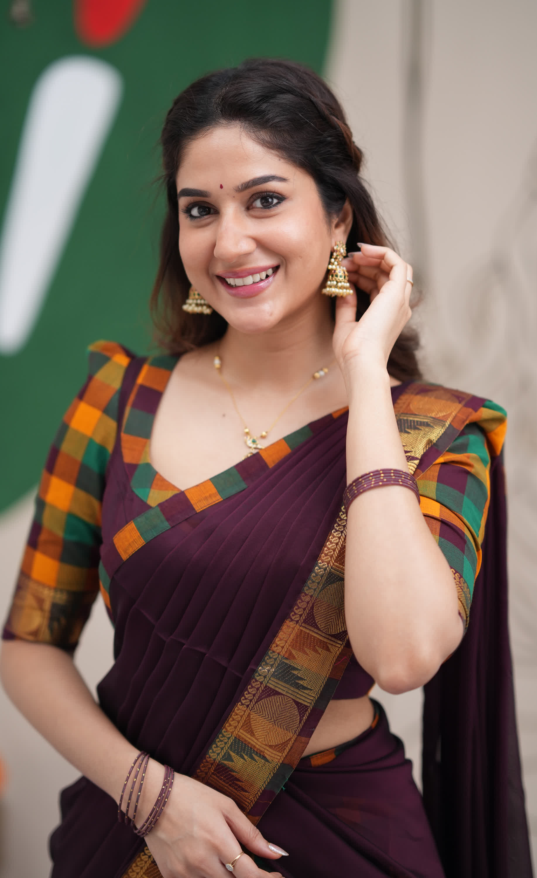 Padmaja Mustard and Deep Plum Kandangi Checks Cotton Halfsaree