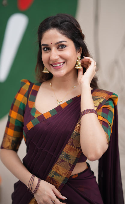 Padmaja Mustard and Deep Plum Kandangi Checks Cotton Halfsaree