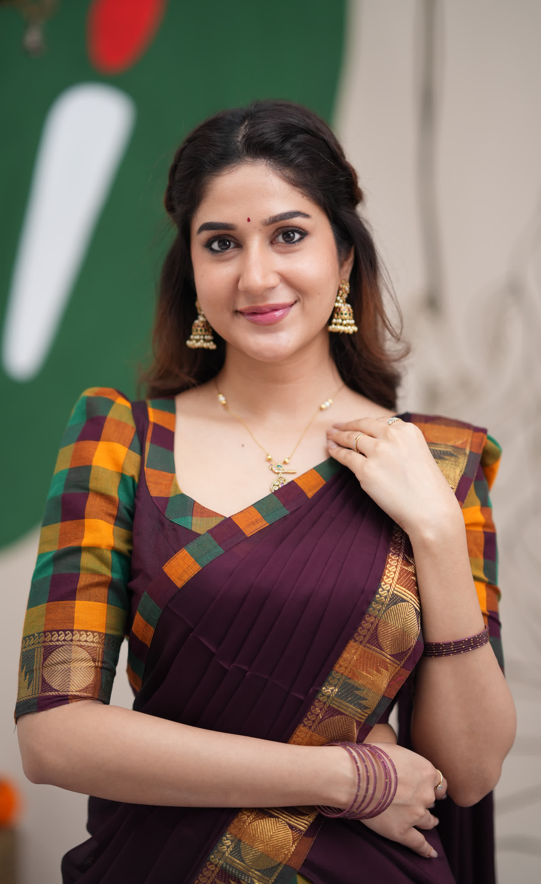 Padmaja Mustard and Deep Plum Kandangi Checks Cotton Halfsaree