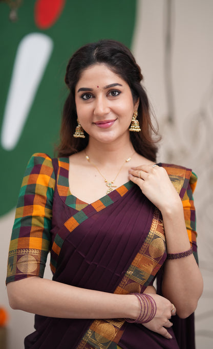 Padmaja Mustard and Deep Plum Kandangi Checks Cotton Halfsaree
