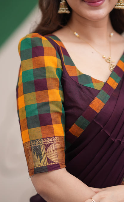 Padmaja Mustard and Deep Plum Kandangi Checks Cotton Halfsaree