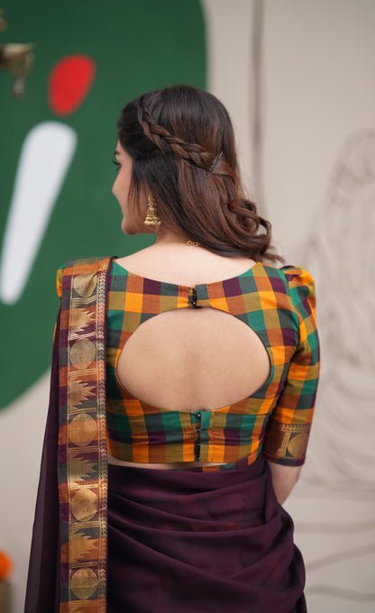 Padmaja Mustard and Deep Plum Kandangi Checks Cotton Halfsaree