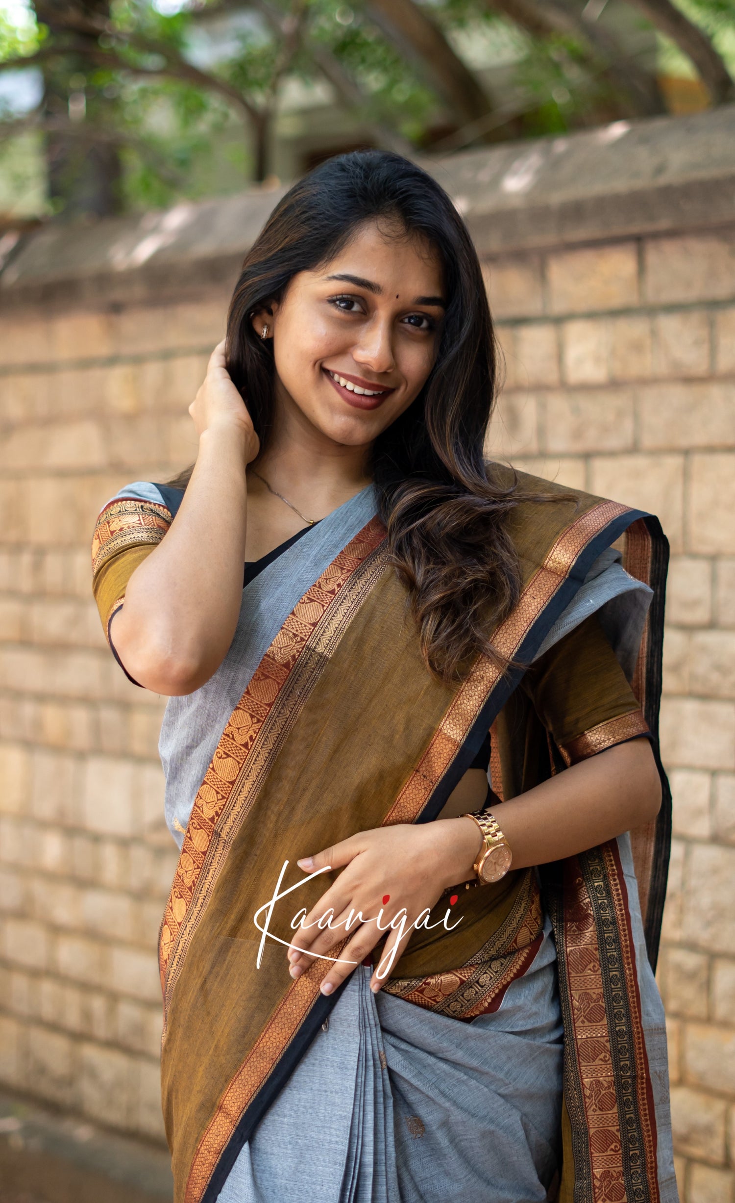 Annapakshi - Grey and Light Brown Kanchi Cotton Saree