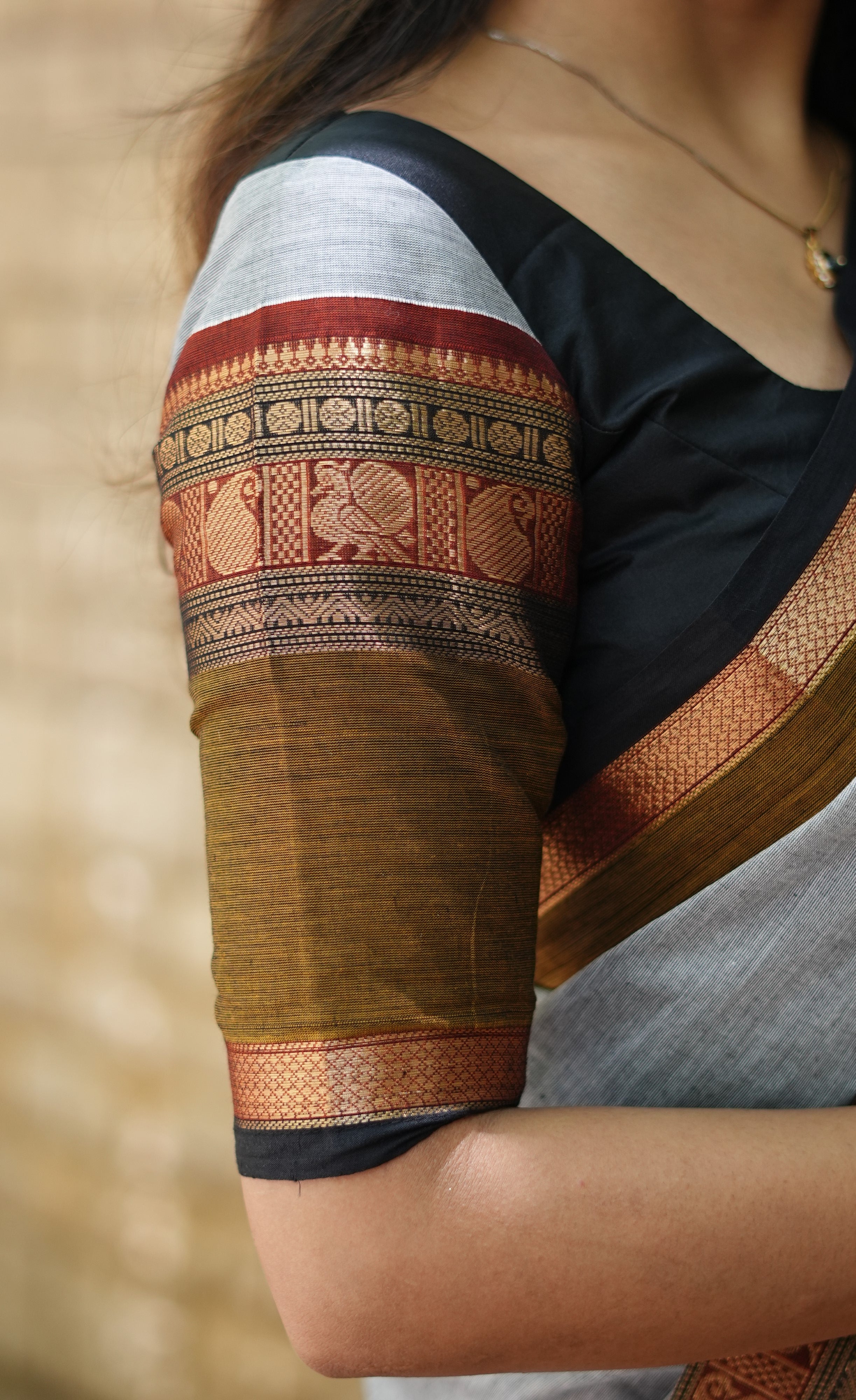 Annapakshi - Grey and Light Brown Kanchi Cotton Saree