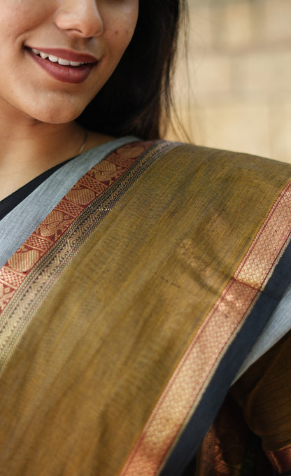 Annapakshi - Grey and Light Brown Kanchi Cotton Saree