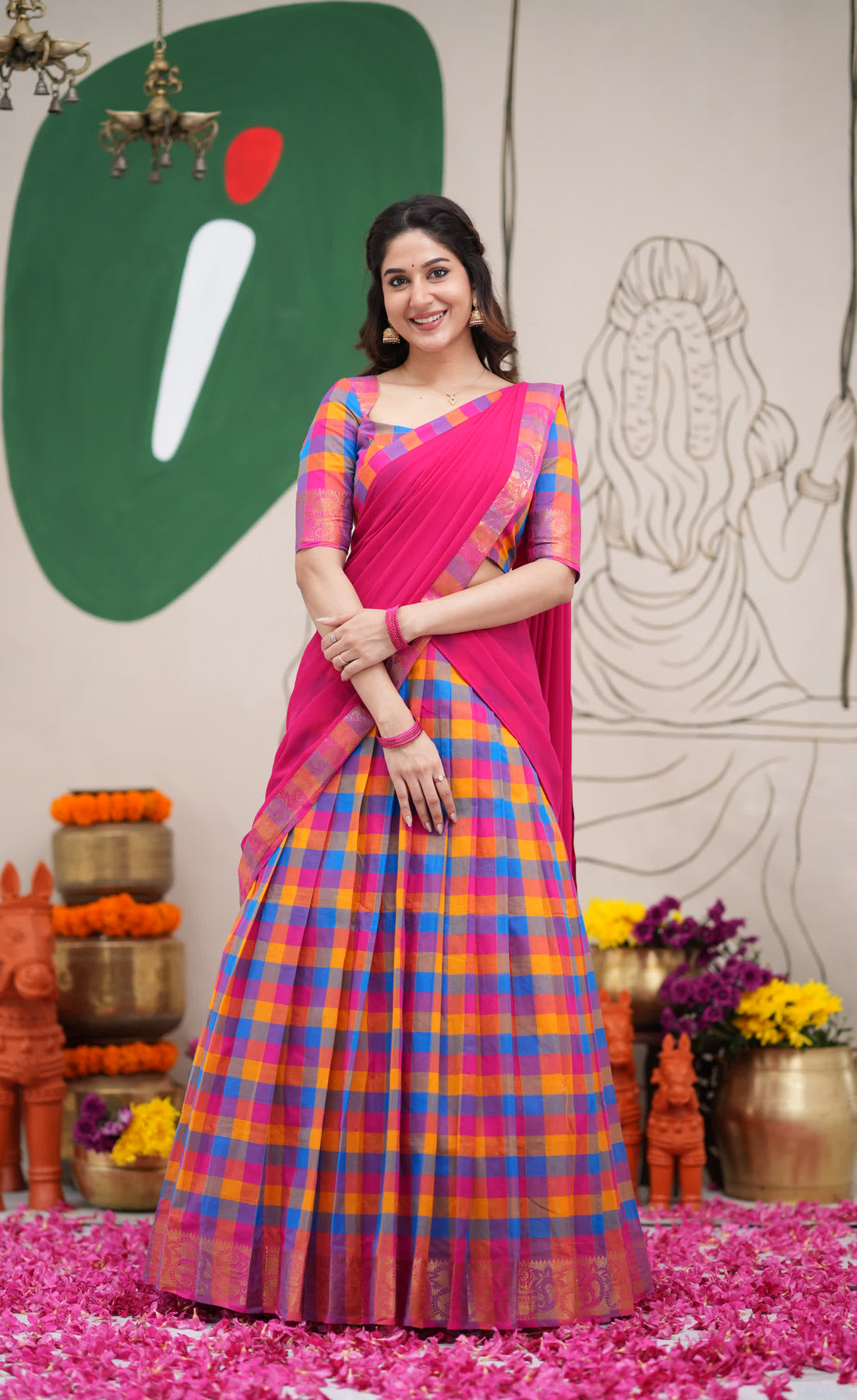 Padmaja Sky Blue and Pink Kandangi Checks Cotton Halfsaree