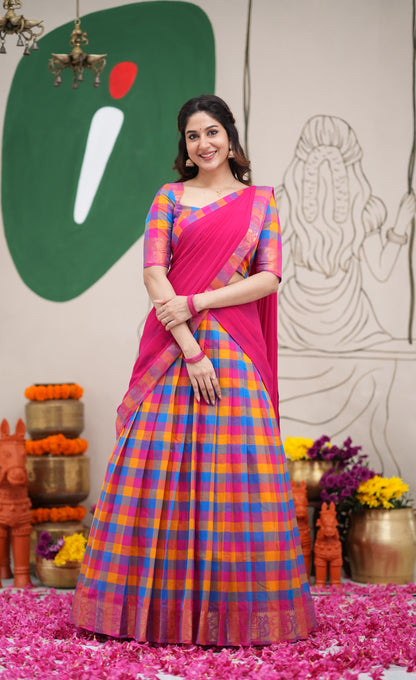 Padmaja Sky Blue and Pink Kandangi Checks Cotton Halfsaree
