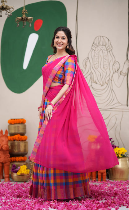 Padmaja Sky Blue and Pink Kandangi Checks Cotton Halfsaree
