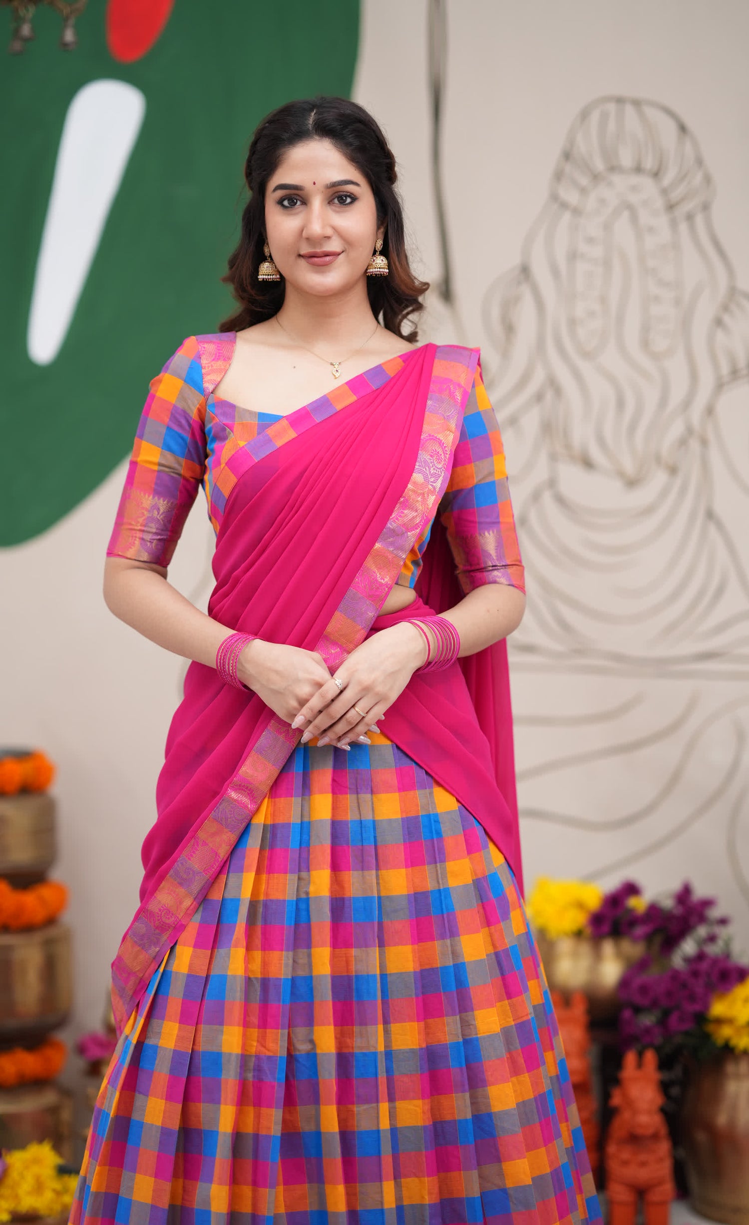 Padmaja Sky Blue and Pink Kandangi Checks Cotton Halfsaree
