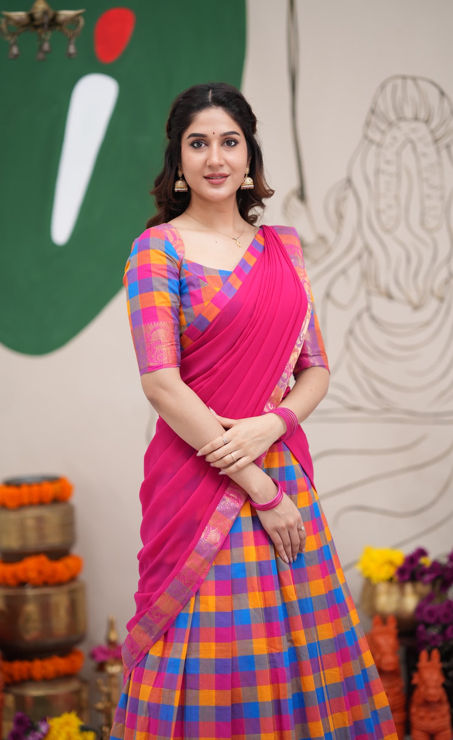 Padmaja Sky Blue and Pink Kandangi Checks Cotton Halfsaree