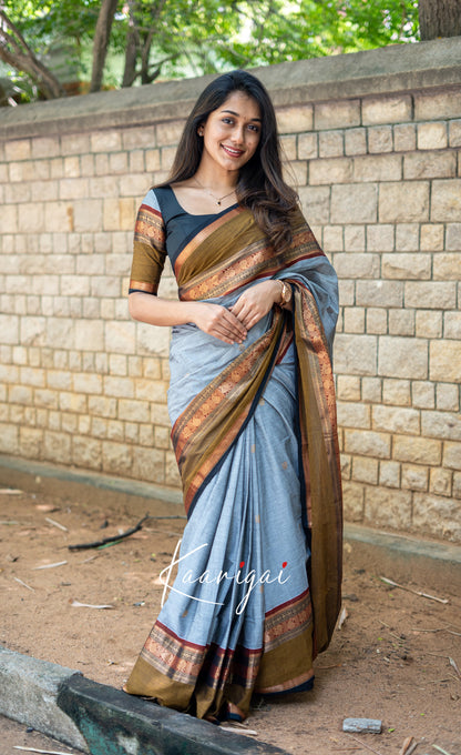 Annapakshi - Grey and Light Brown Kanchi Cotton Saree